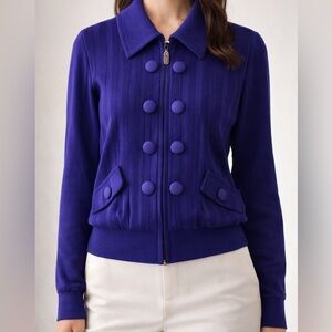 St. John Collection Purple Knit Jacket Embroidered Back Zip Button Detail Size M